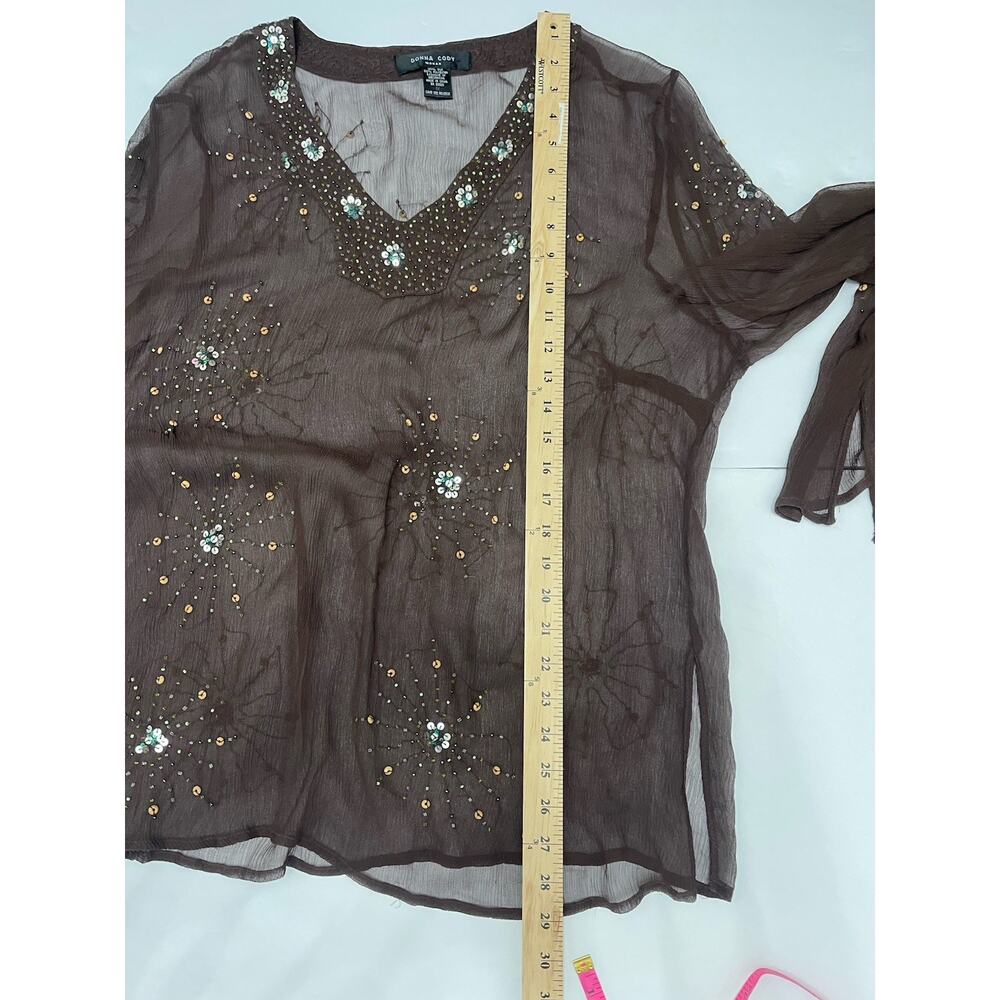 Donna Cody Silk 1X Brown Sheer Sequin Beaded V-Neck Blouse Top Whimsigoth Y2K - Picture 7 of 7